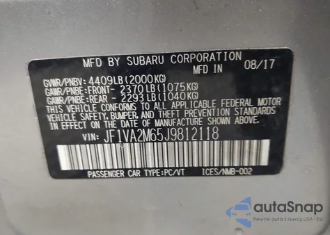 2018 Subaru Wrx Sti z USA, uszkodzony, nr VIN JF1VA2M65J9812118